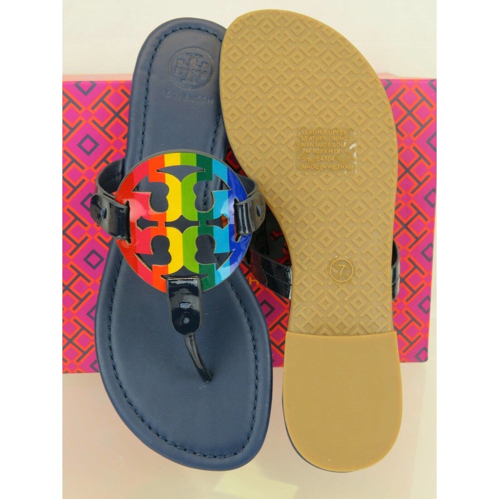 TORY BURCH MILLER ROYAL NAVY RAINBOW REVA LEATHER FLATS THONG SLIDES SANDALS 7 - Picture 8 of 12